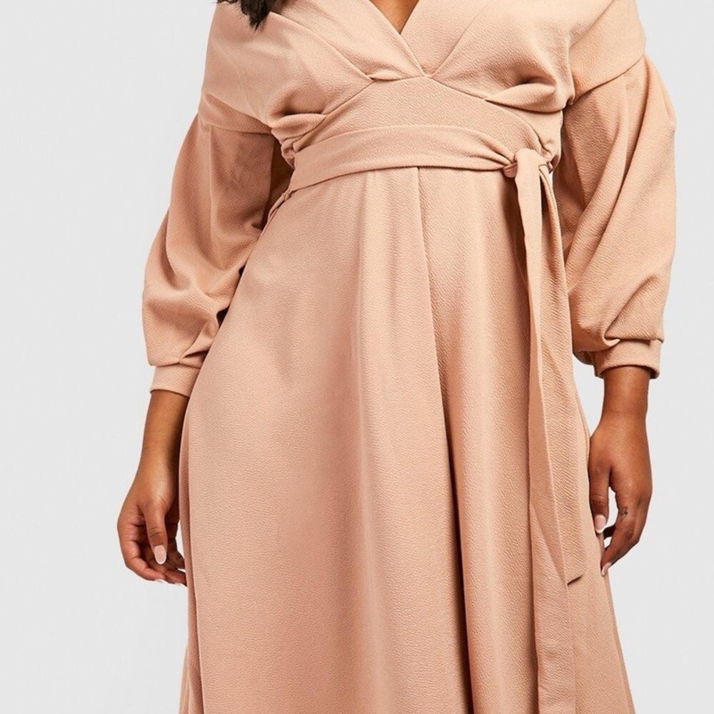 Boohoo Tan 3/4 Sleeve Wrap Dress